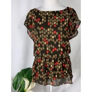 Ann Taylor Brown Tan Orange Chiffon Overlay Flutter Sleeve Casual Work Blouse XS